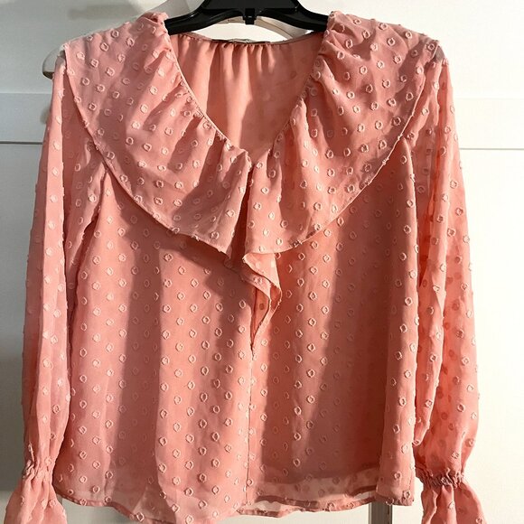 EUC LOFT blush pink smocked shimmer ruffle V neck blouse (S) - Picture 1 of 4